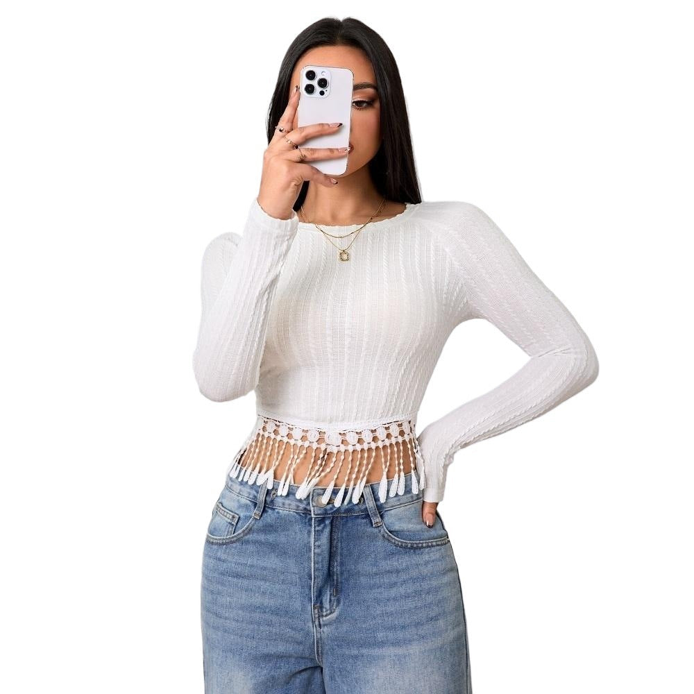 Damen Langarmshirt Cropped mit Fransen-Details Norvielle