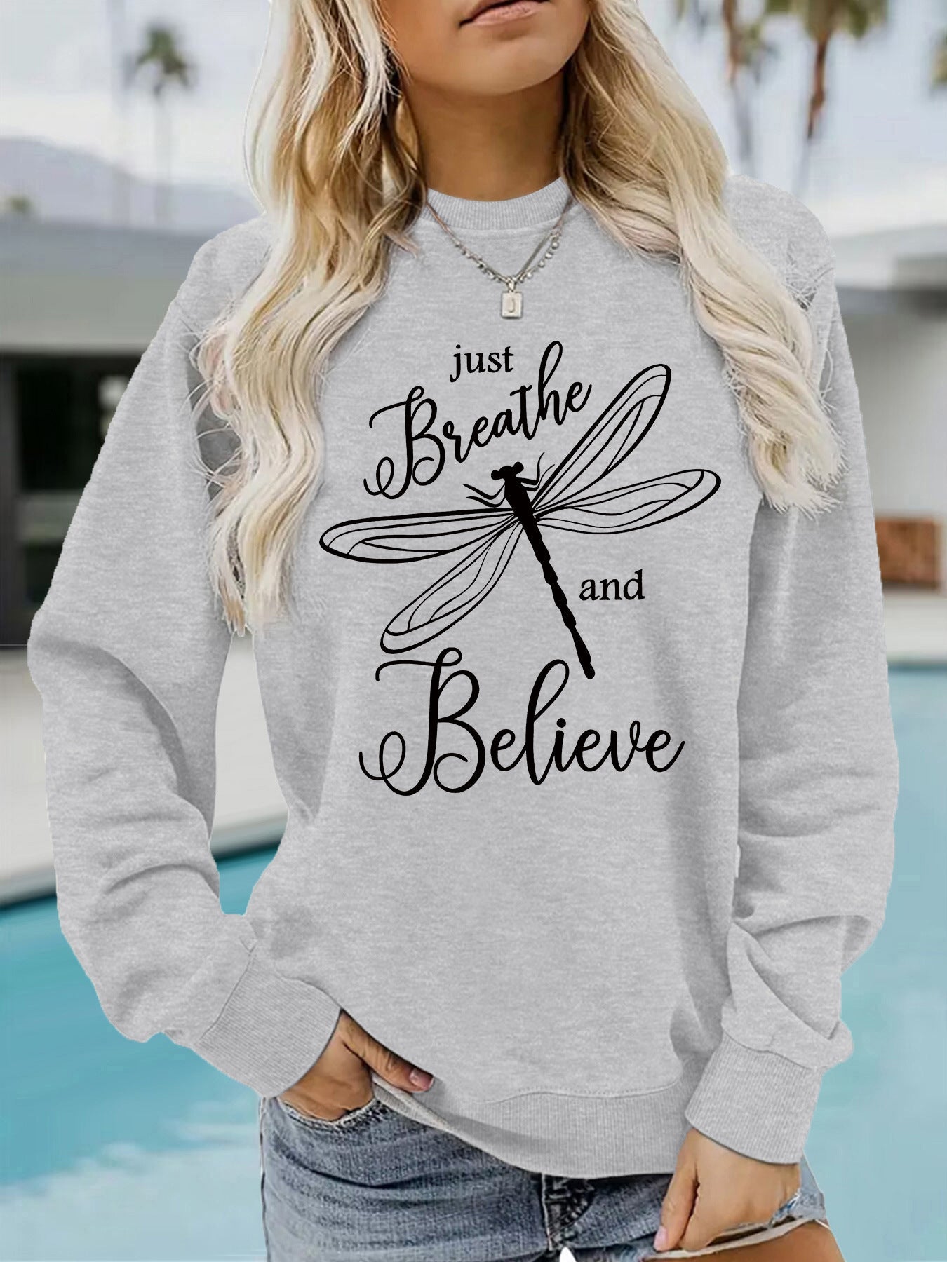 Damen Sweatshirt Drachenfliegen-Motiv Lässiger Schnitt Grau