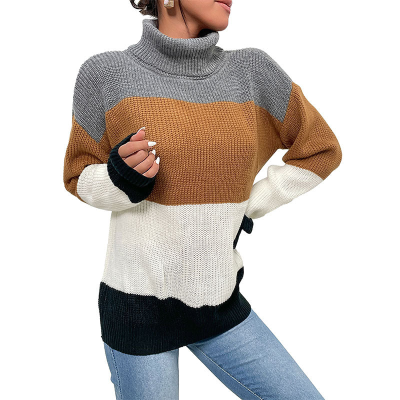 Damen Strickpullover Hochkragen Farbblockdesign