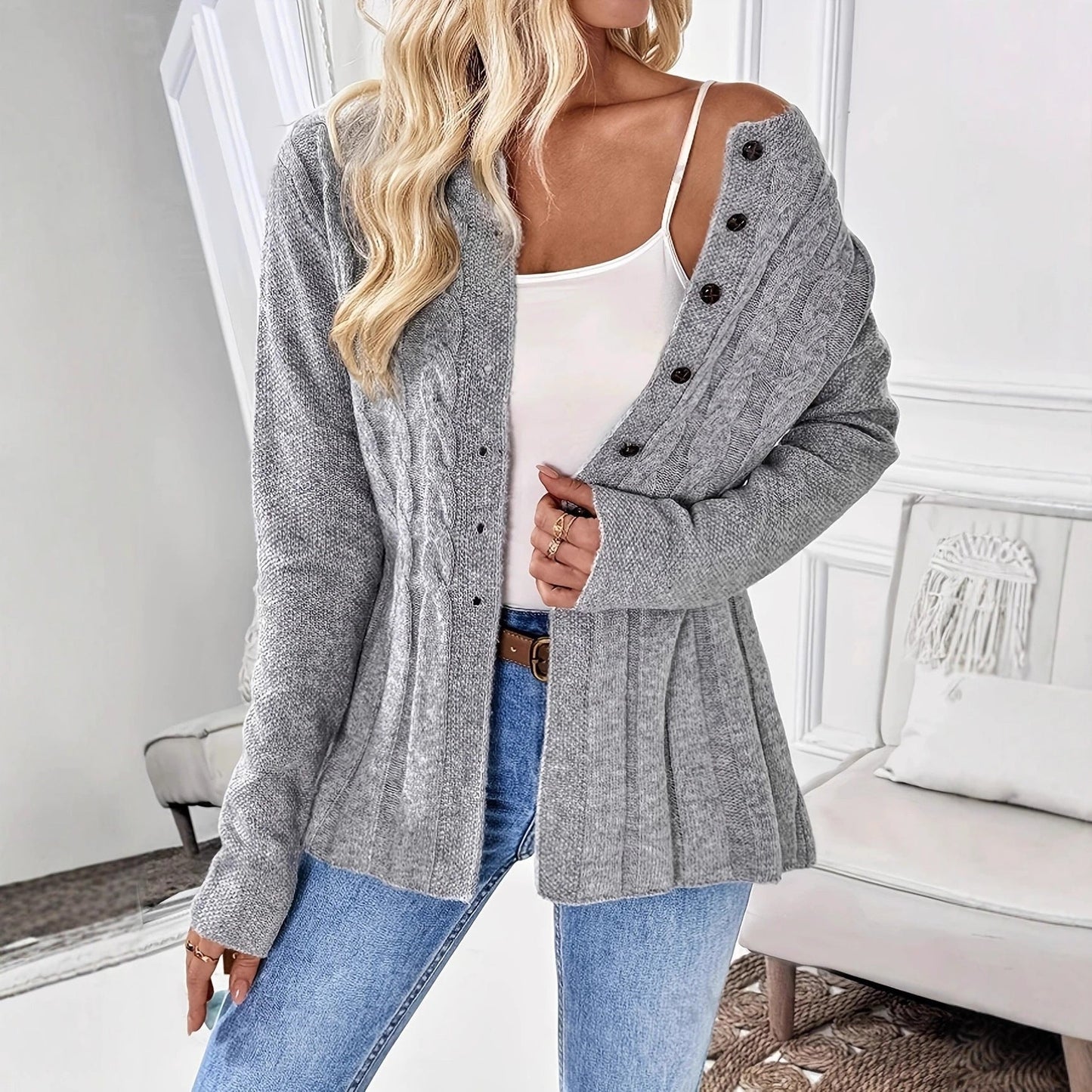 Damen Strickjacke Kabelstrick Modern Knöpfe Beige