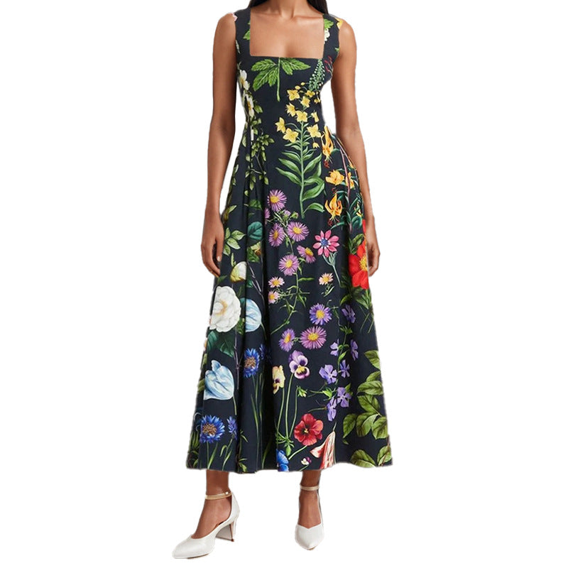 Damen Maxikleid Quadrat-Ausschnitt Floralmuster