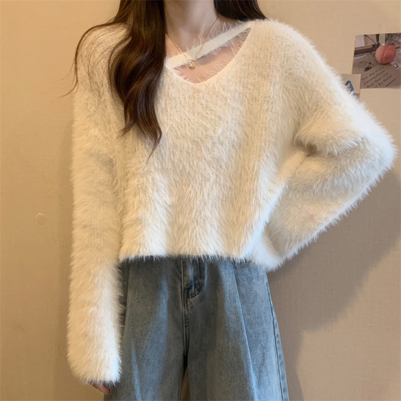 Damen Pullover Flauschig V-Ausschnitt Lässig Norvielle
