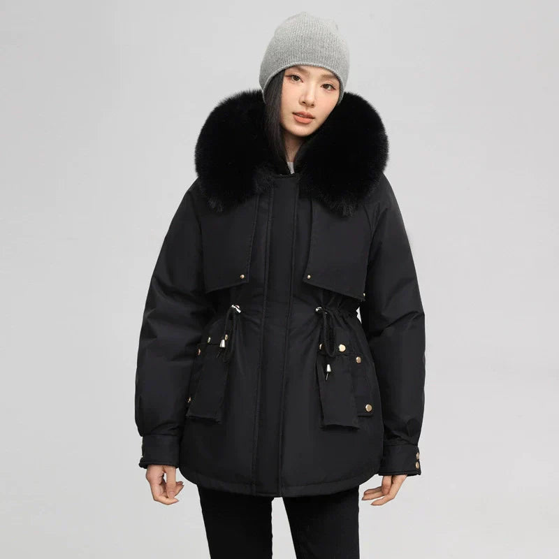 Damen Parka Mantel Verstellbare Taille Abnehmbarer Fellkragen