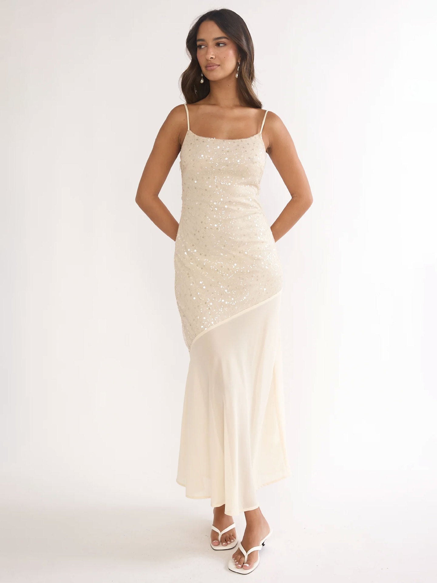 Damen Maxikleid Glitzernd Transparent Asymmetrisch Norvielle