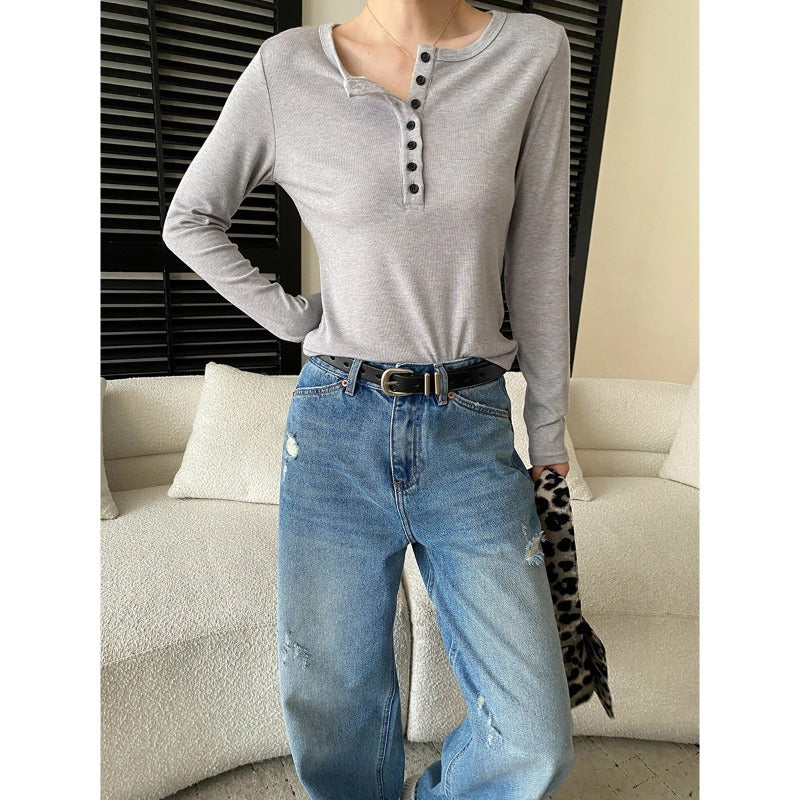 Damen Langarmshirt mit Knopfleiste Bequem Norvielle