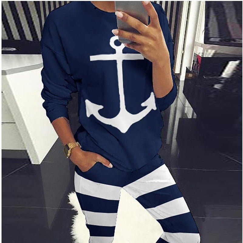 Damen Freizeitset Maritimes Anker-Design Gestreifte Hose