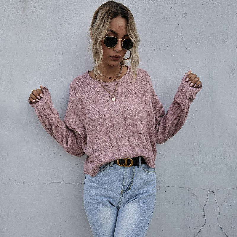 Damen Pullover Strukturiertes Zopfmuster Weich Grau