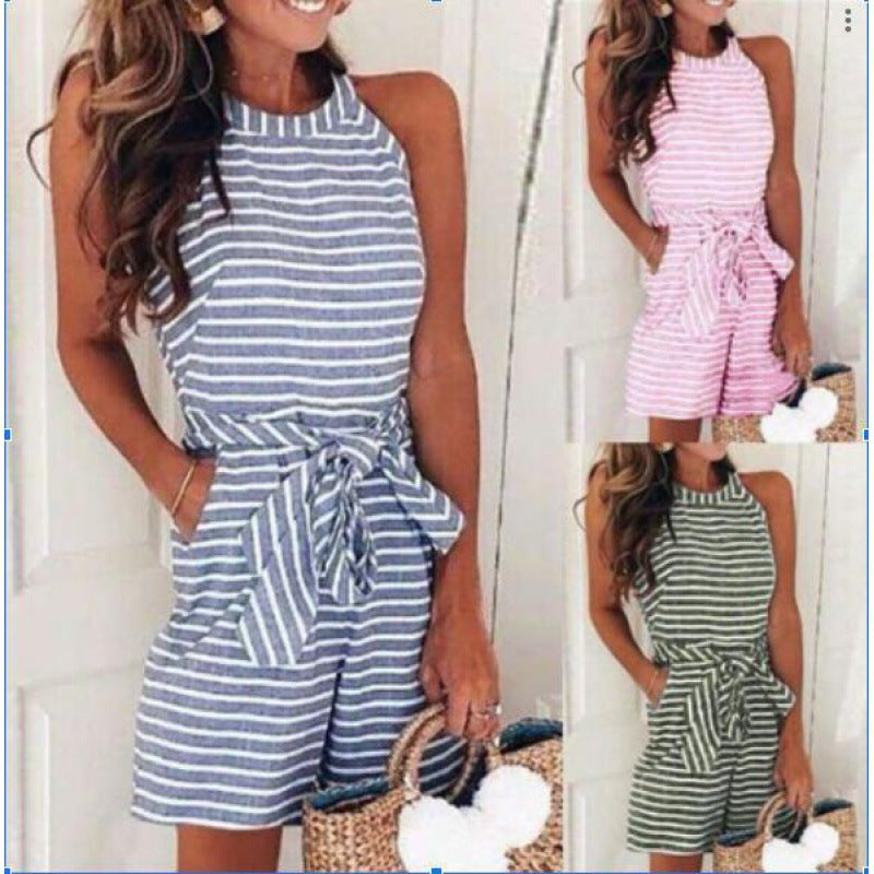 Damen Jumpsuit mit Bindegürtel Gestreift