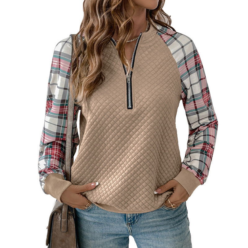 Damen Pullover Karomuster Reißverschluss Norvielle