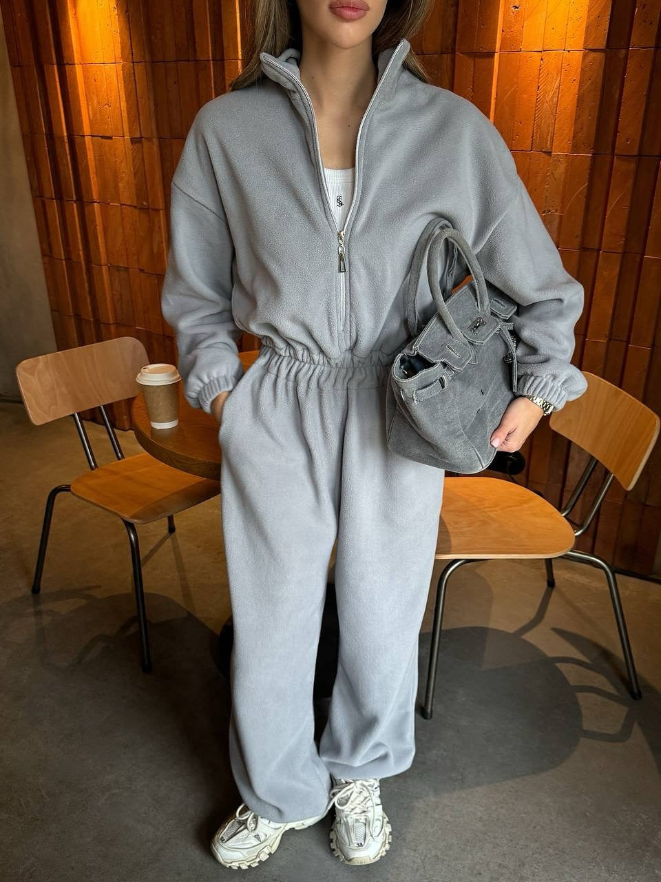 Damen Fleece Lounge Set Hochkragen Praktische Taschen Norvielle