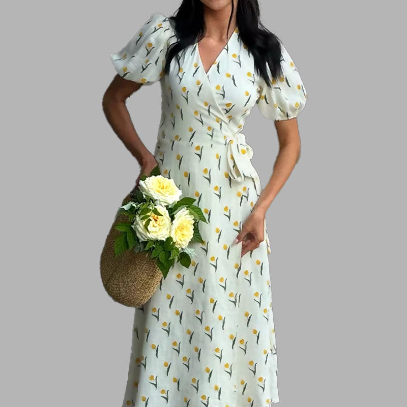 Damen Wickelkleid mit Puffärmeln und Blumenmuster