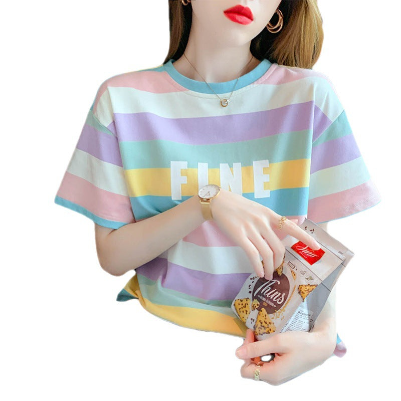 Damen T-Shirt Bunt Streifenmuster Baumwolle