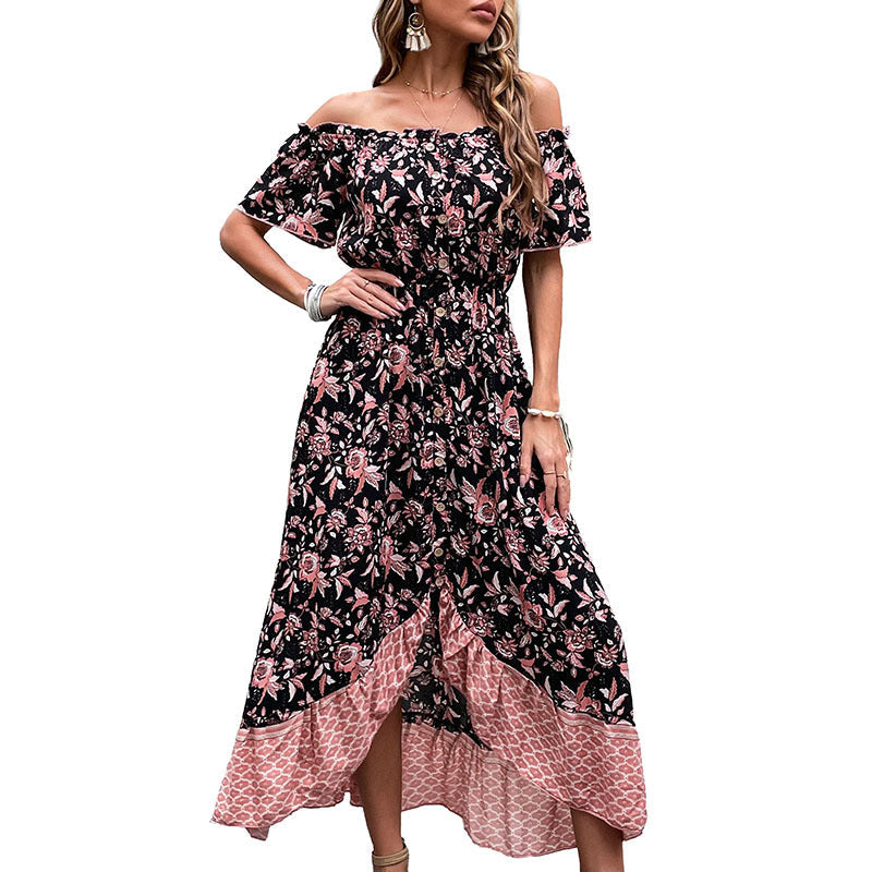 Damen Off-Shoulder Maxikleid mit floralem Muster und hohem Schlitz