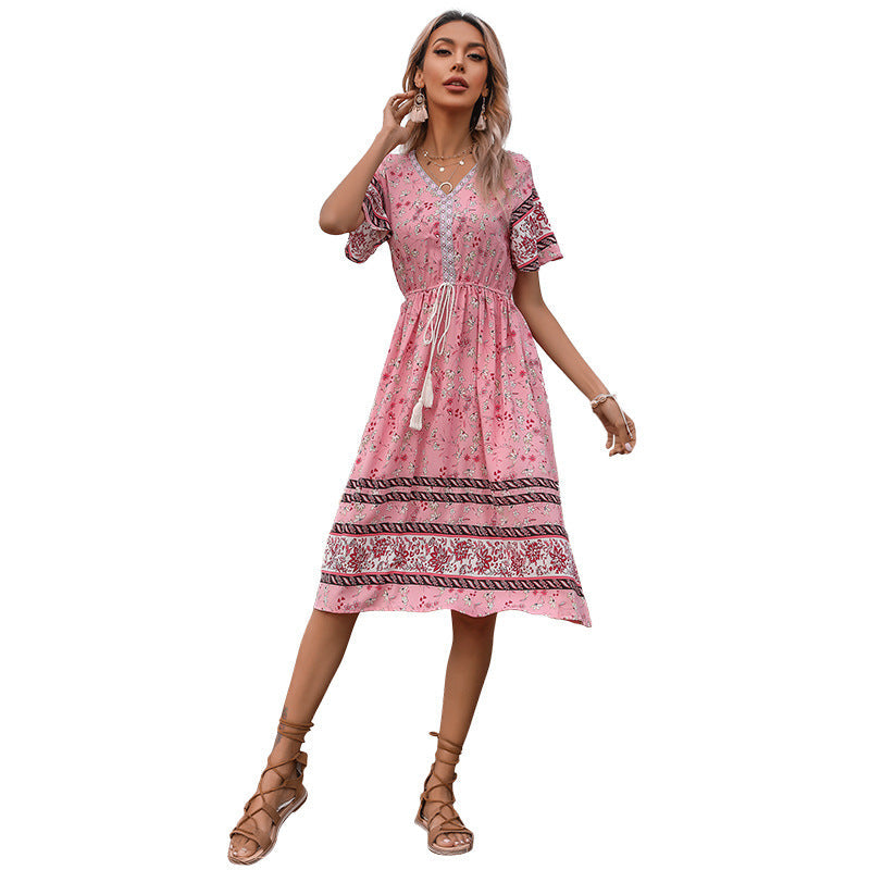 Damen Sommerkleid Boho Floralmuster Verspielte Taille