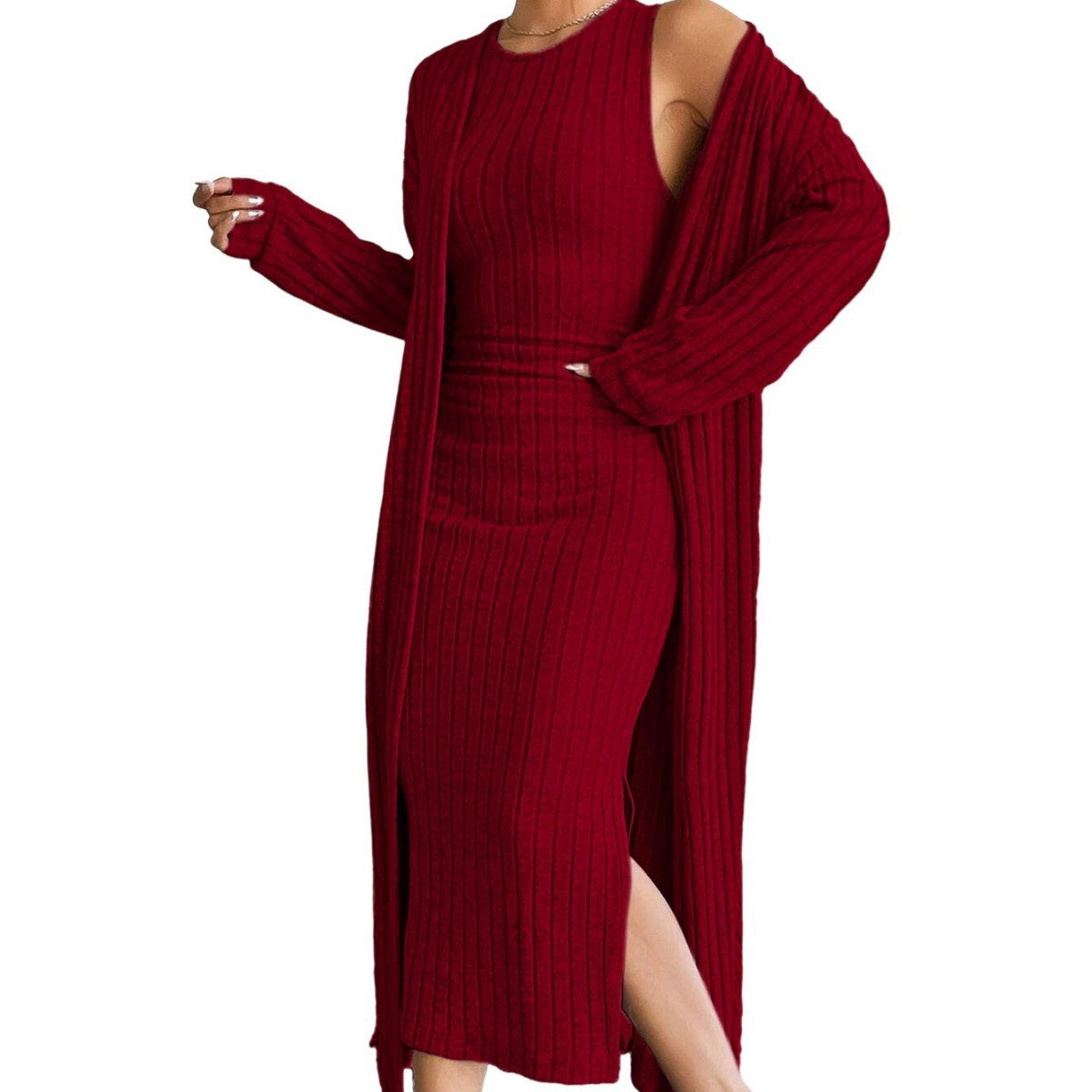 Damen Strickkleid Langärmlig Mit Cardigan