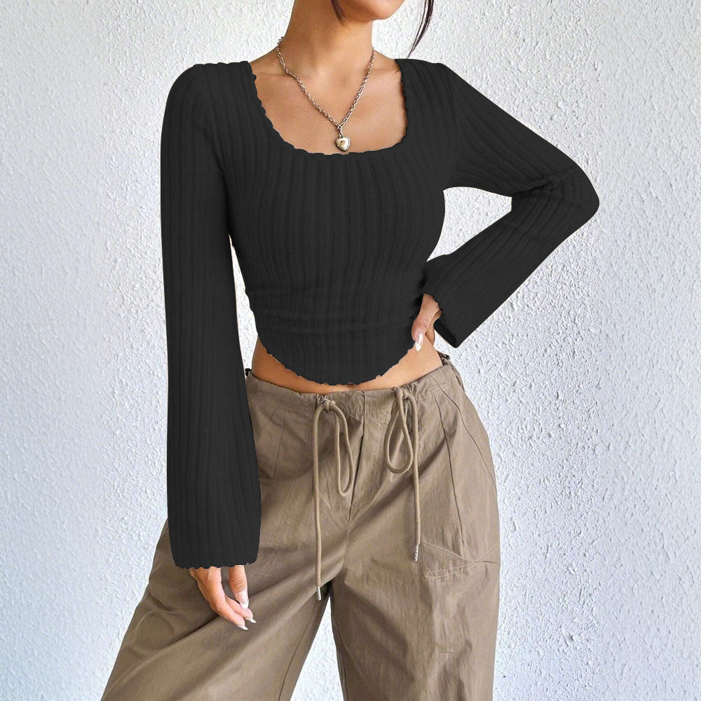 Damen Langarm Crop Rippdesign Abgerundet Norvielle