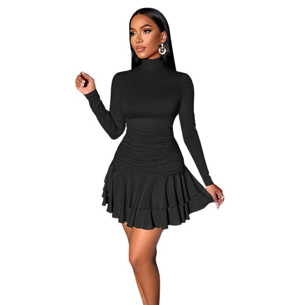 Damen Kleid Hohler Kragen Rüschen