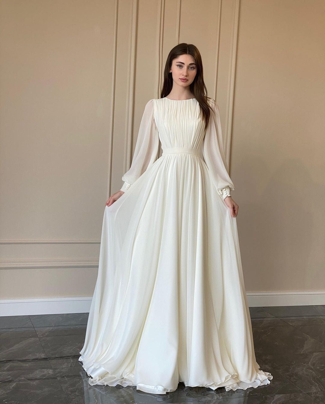 Damen Maxikleid Gerafftes Oberteil Länge Lang Ärmel Norvielle
