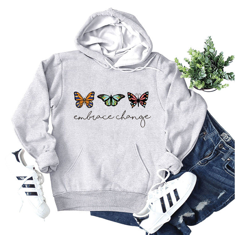 Damen Kapuzenpullover Schmetterlingsmotiv Baumwolle Weiss