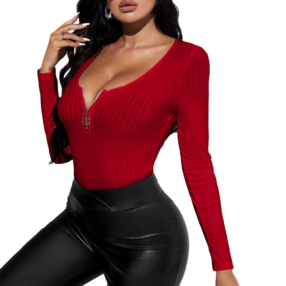 Damen Slim Fit Bodysuit V-Ausschnitt Reißverschluss Norvielle