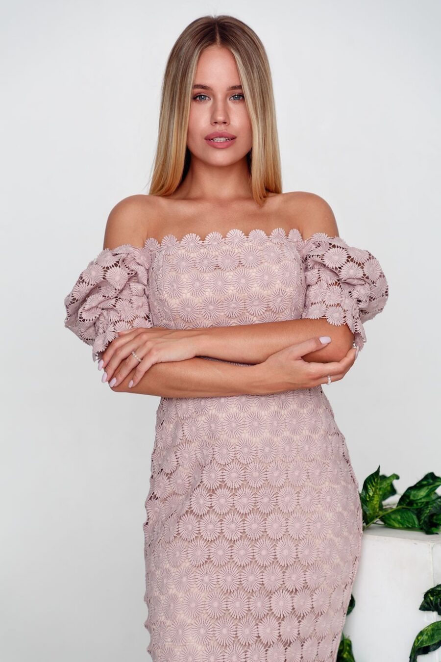 Damen Spitzenkleid Romantisch Blumenmuster Puffärmel