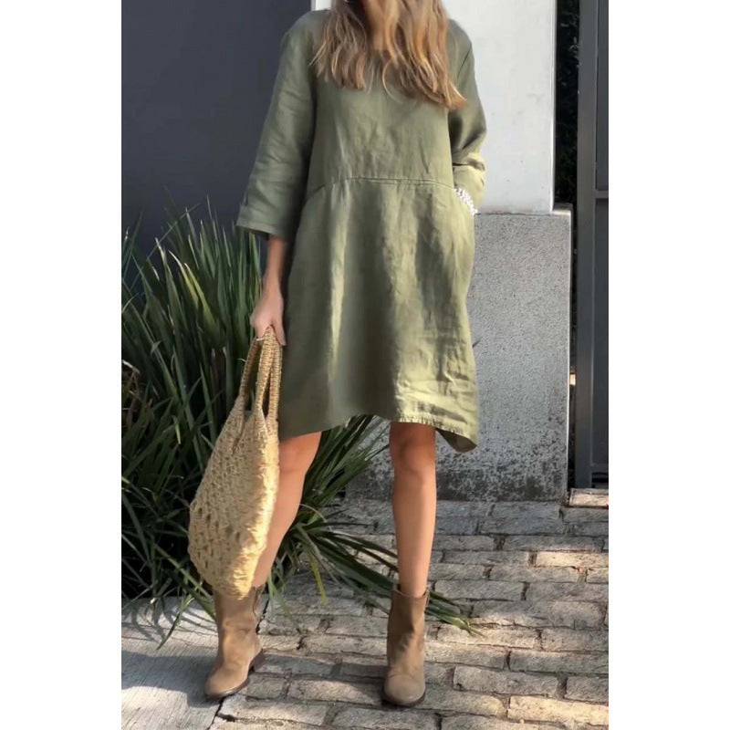 Norvielle Damen Einfaches Baumwollkleid Mit Taschen