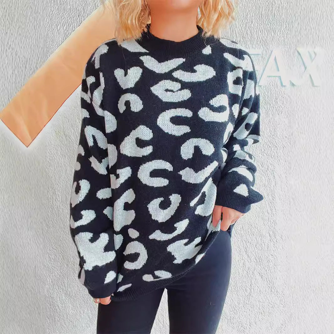 Damen Oversized Pullover Leopardenmuster Rundhals