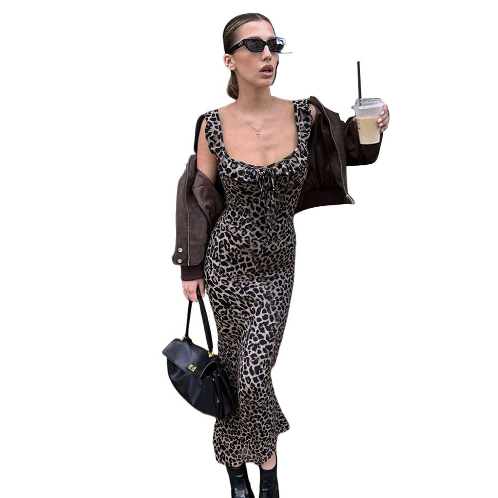 Damen Maxikleid Leopardenmuster V-Ausschnitt