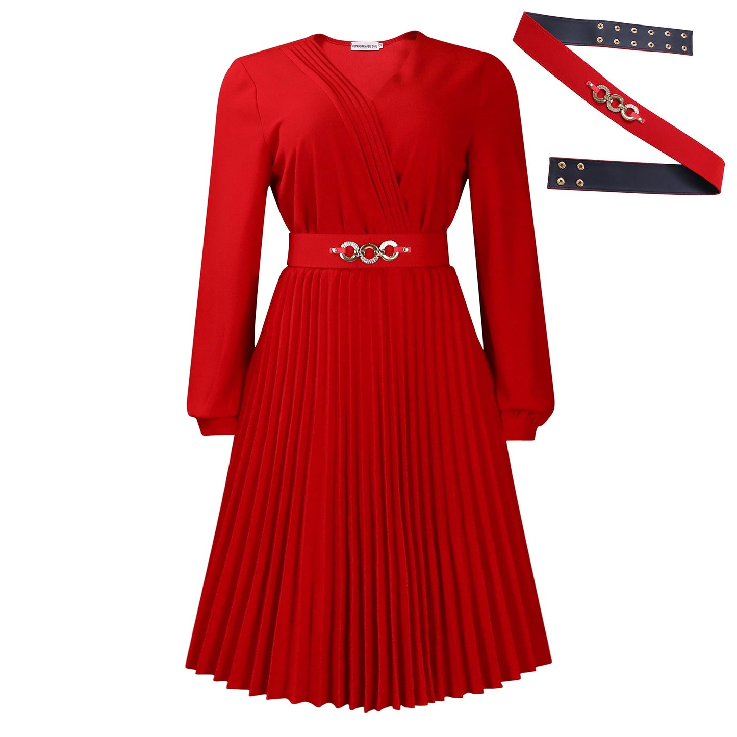 Damen Kleid Plissee V-Ausschnitt mit Taillengürtel Elegant