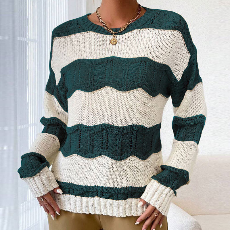 Damen Strickpullover Lässig Wellenmuster Langer Ärmel Beige