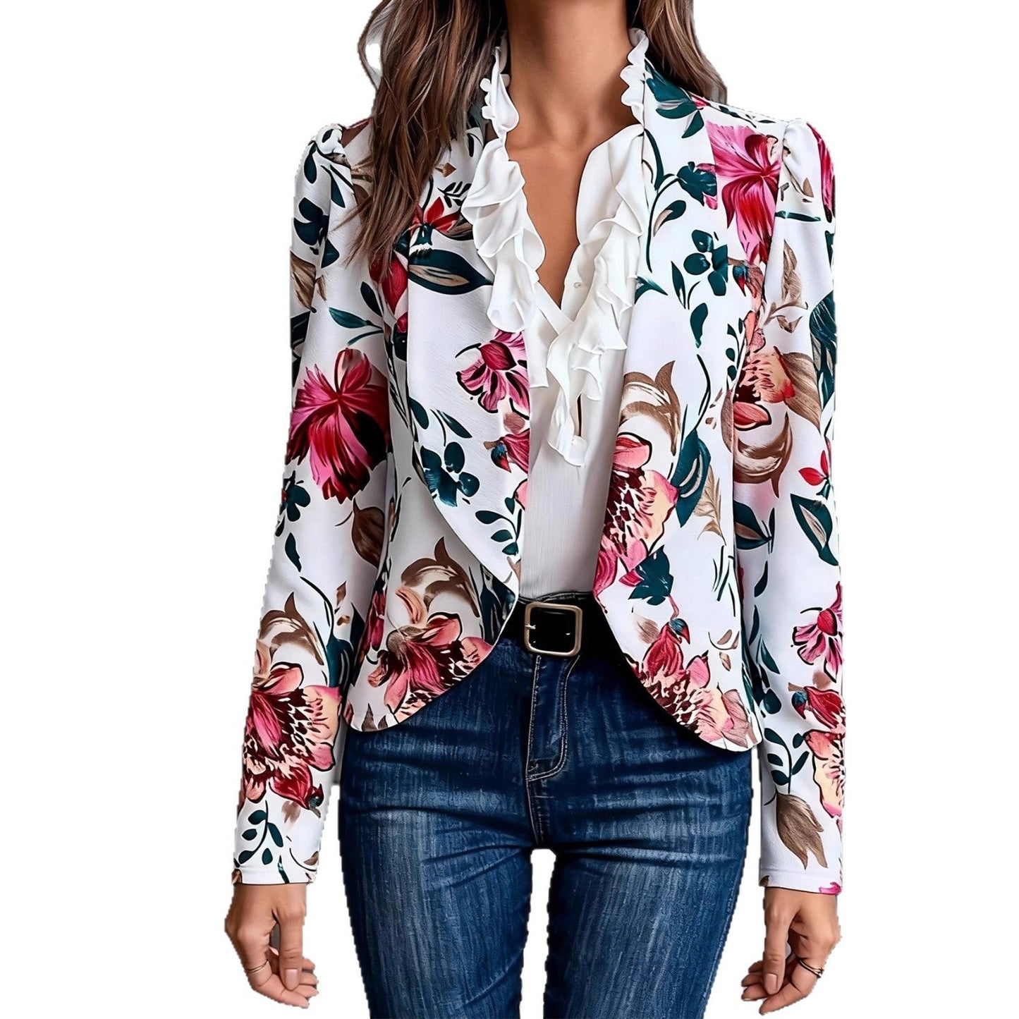 Damen Blazer Florales Design Rüschendetails Norvielle