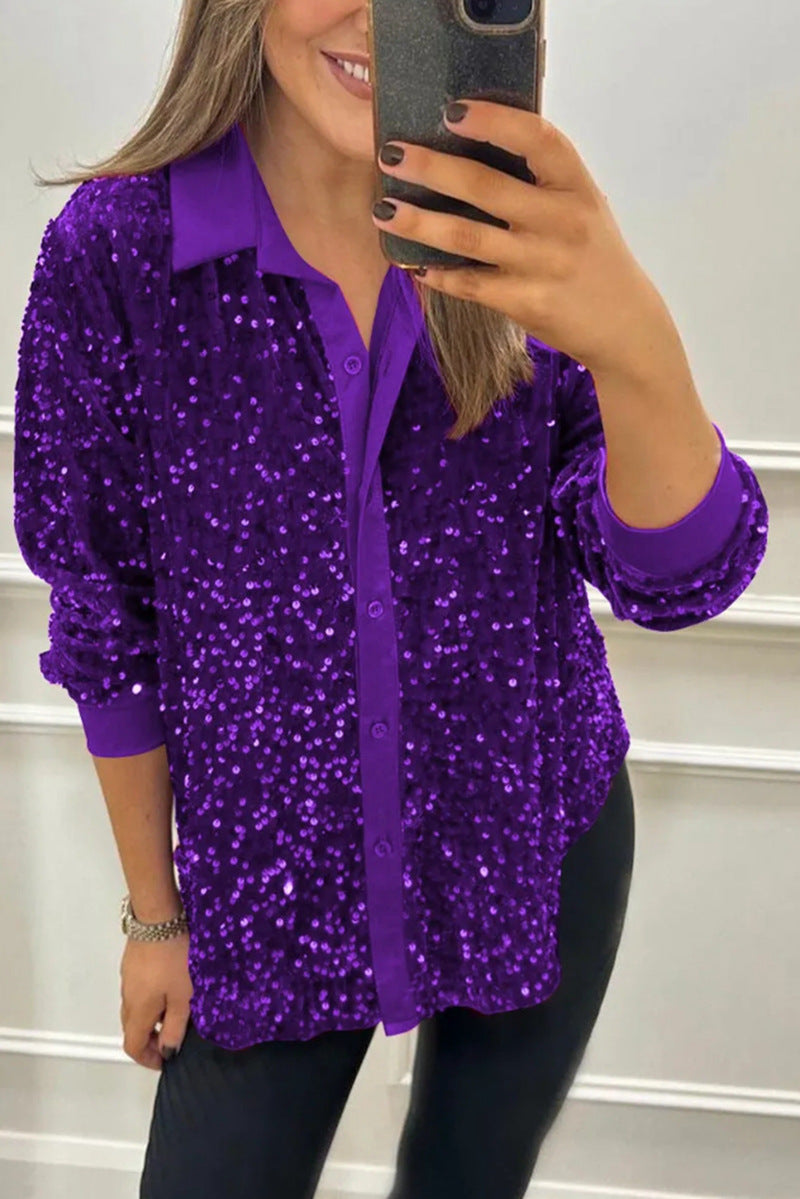 Damen Paillettenbluse Klassischer Kragen Langer Ärmel Norvielle