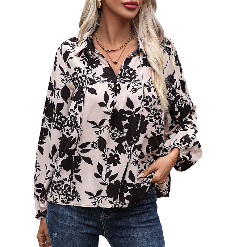Damen Bluse Dekorativer Knoten Blumenmuster