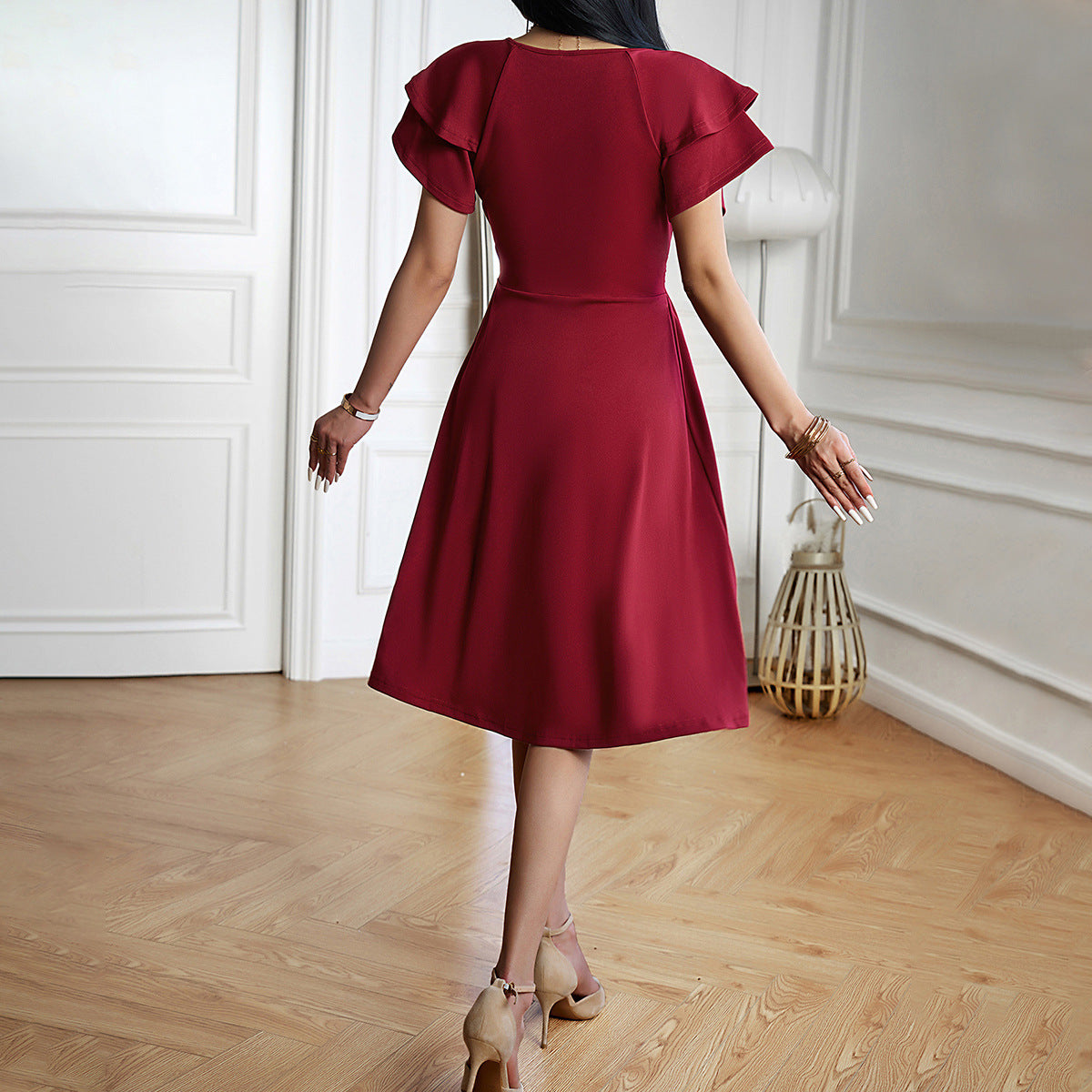Damen Kurzarmkleid Einfarbig V-Ausschnitt