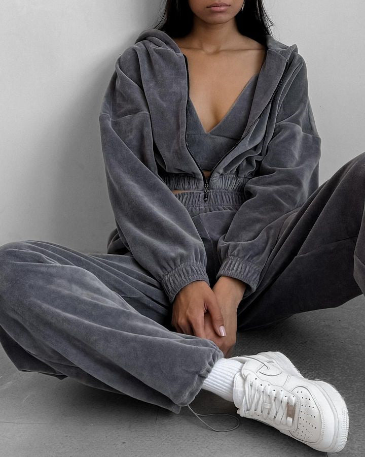 Damen Velours-Jogginganzug Kapuze Reißverschluss Norvielle