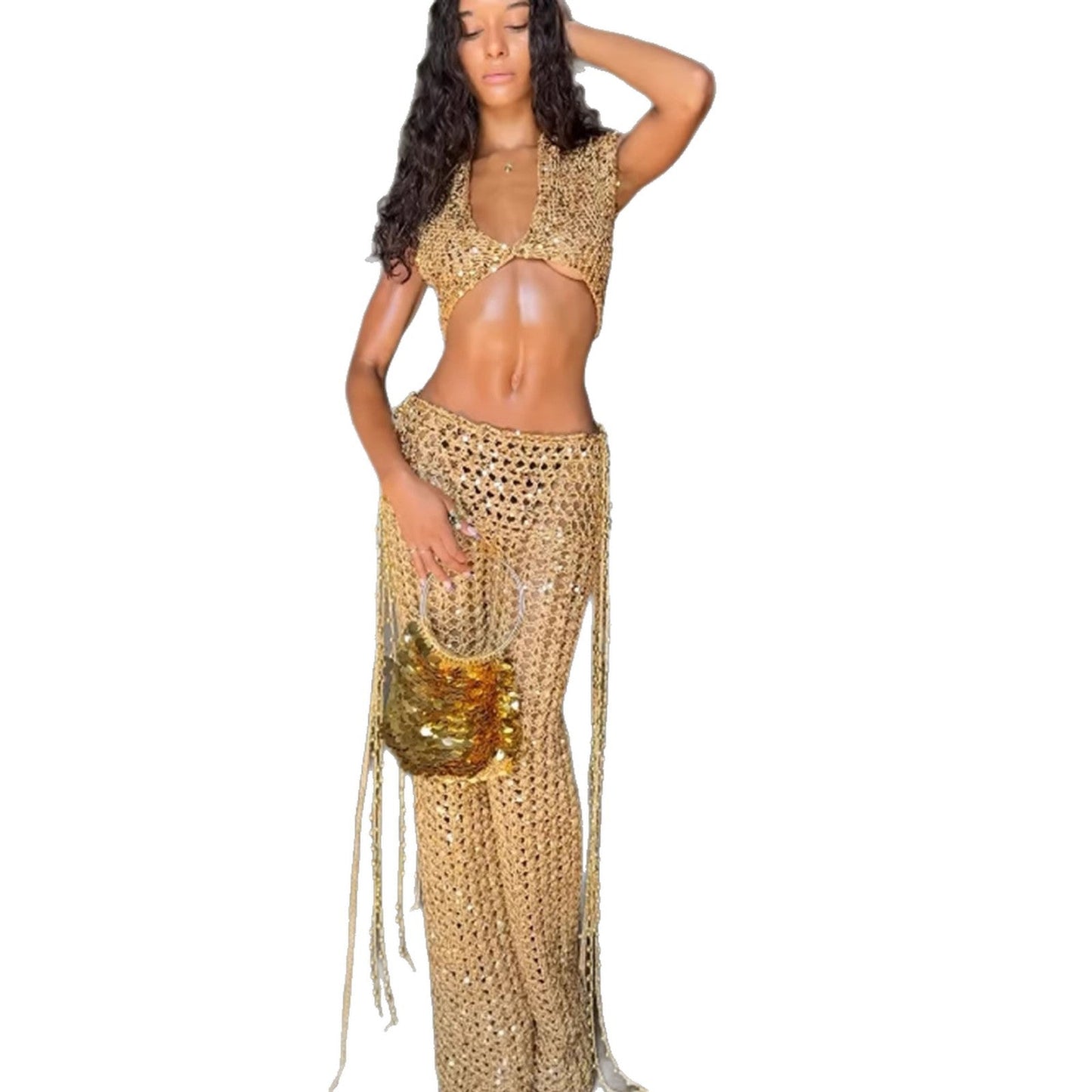 Damen Glitzer-Overfit-Set Knöchellang Fließendes Design