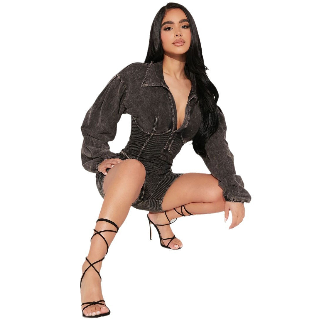 Damen Jumpsuit Puffärmel Rippstruktur Norvielle