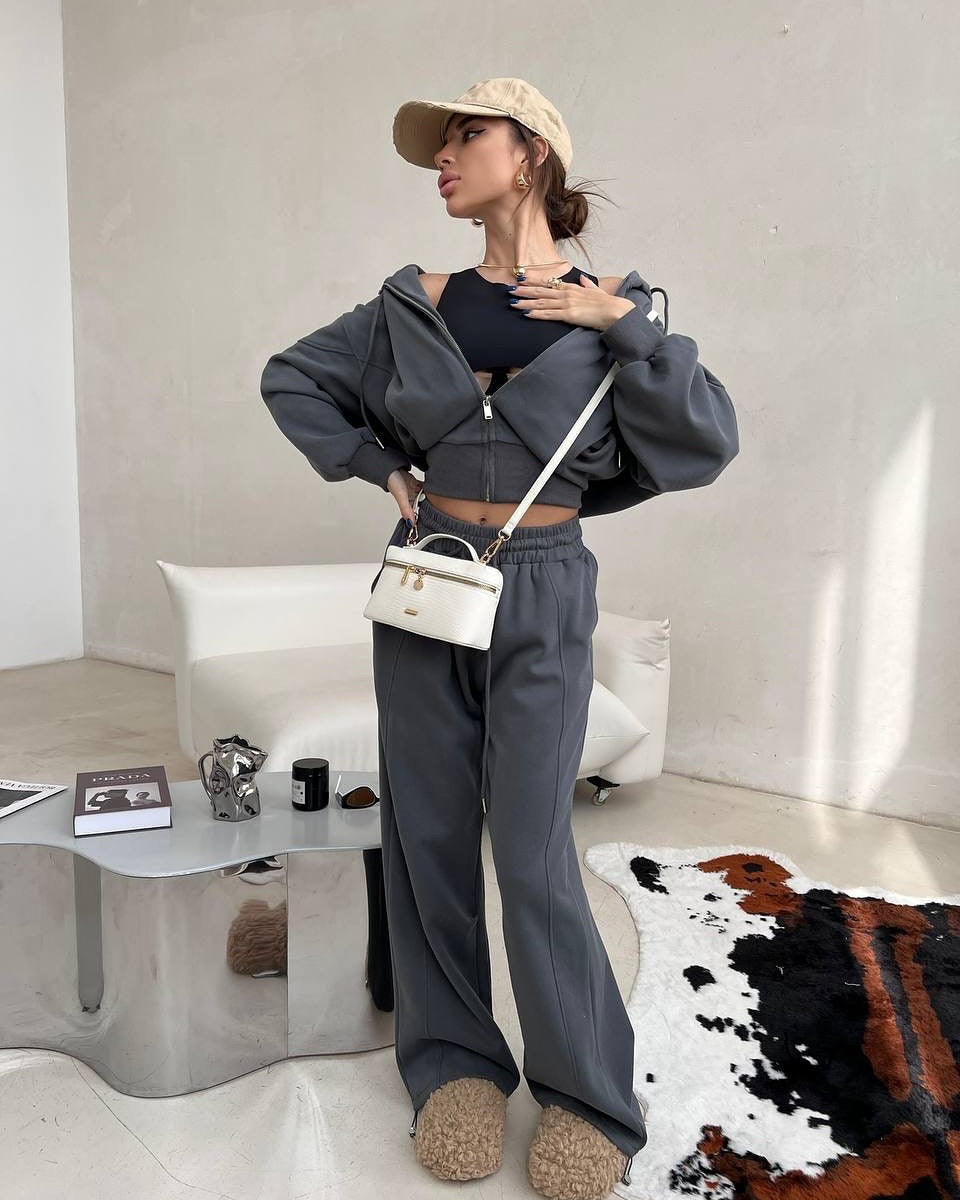 Damen Freizeit-Set Cropped Kapuzenjacke Weite Hose Norvielle