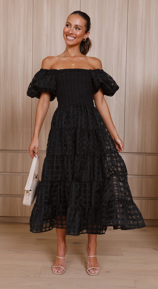 Damen Maxikleid Luftige Puffärmel Gerafftes Oberteil Norvielle