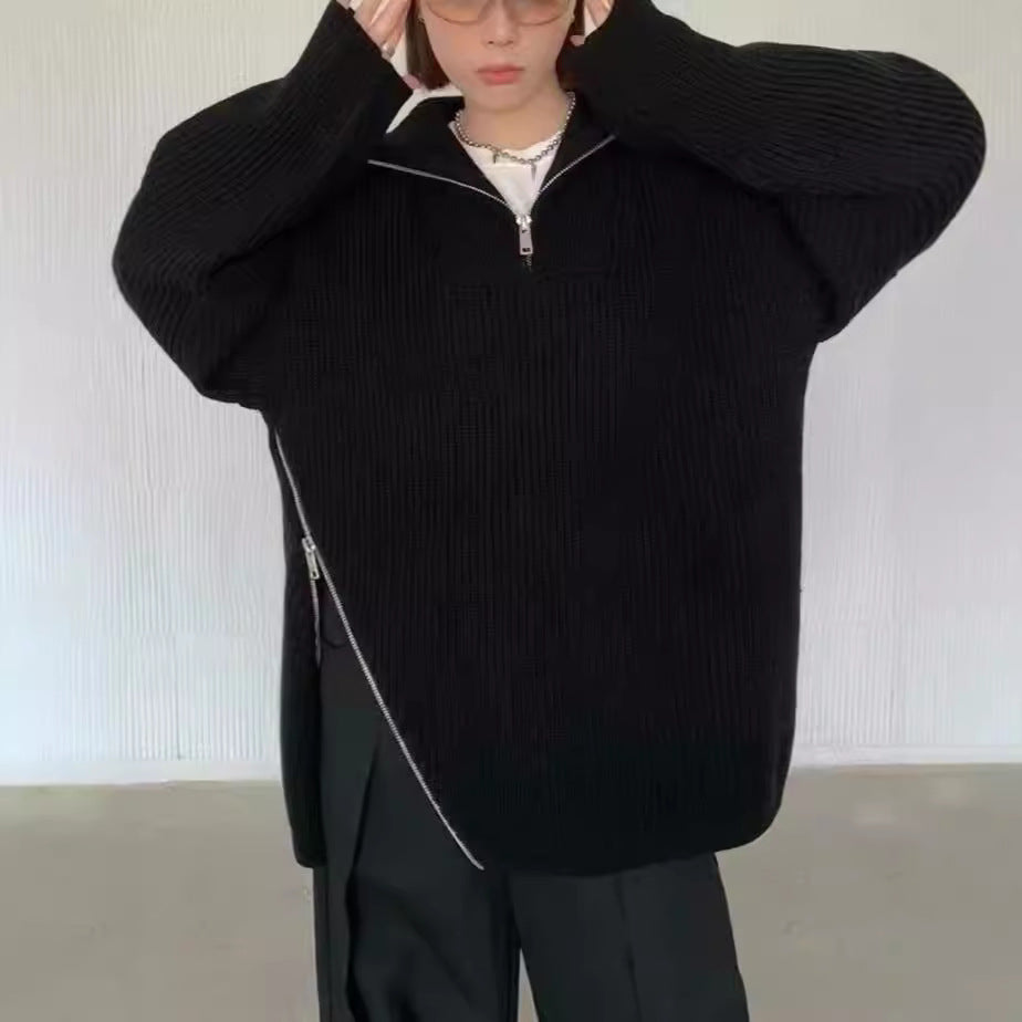Damen Oversized Strickpullover Reißverschluss Seitenschlitze