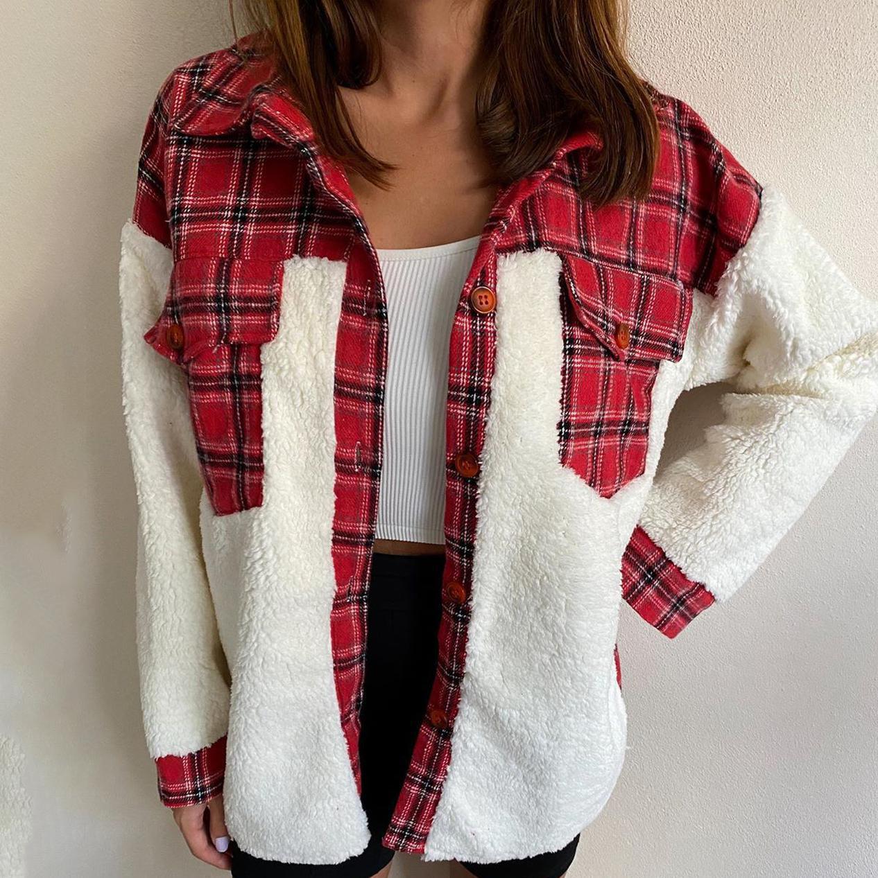 Damen Sherpa-Jacke Karo-Design