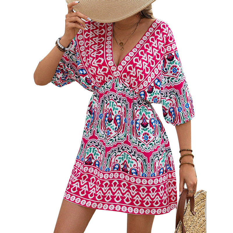 Damen Boho-Kleid Weite Ärmel Florales Muster Norvielle