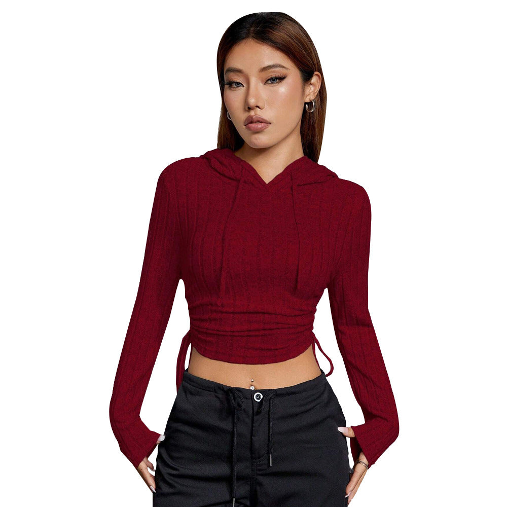 Damen Cropped Hoodie Langärmelig Rippmuster Grau