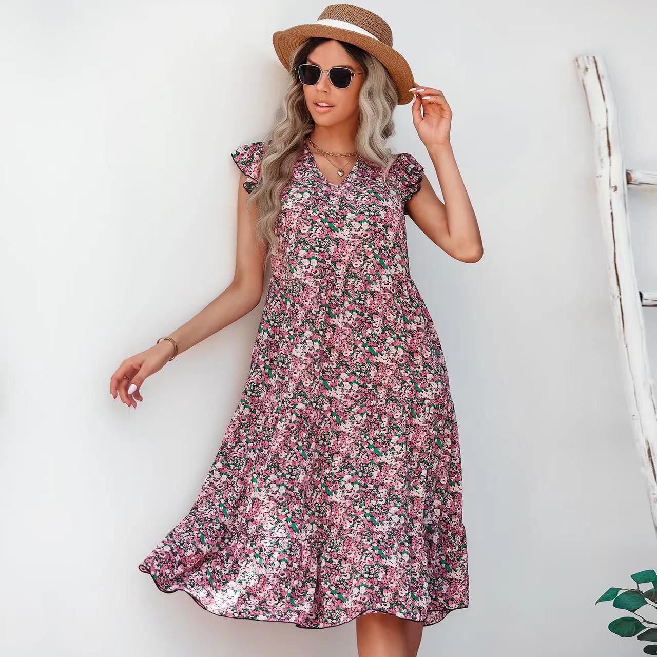 Damen A-Linien Kleid mit Rüschenärmeln und Blumenmuster