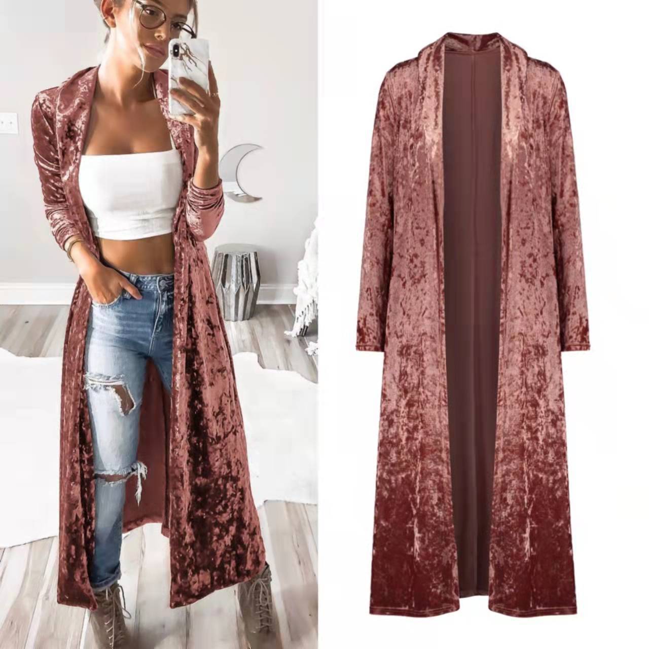 Damen Samt-Cardigan Offene Front Lässiger Schnitt