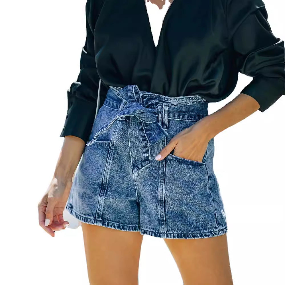 Damen Hochwaist Denim Shorts Abnehmbarer Gürtel