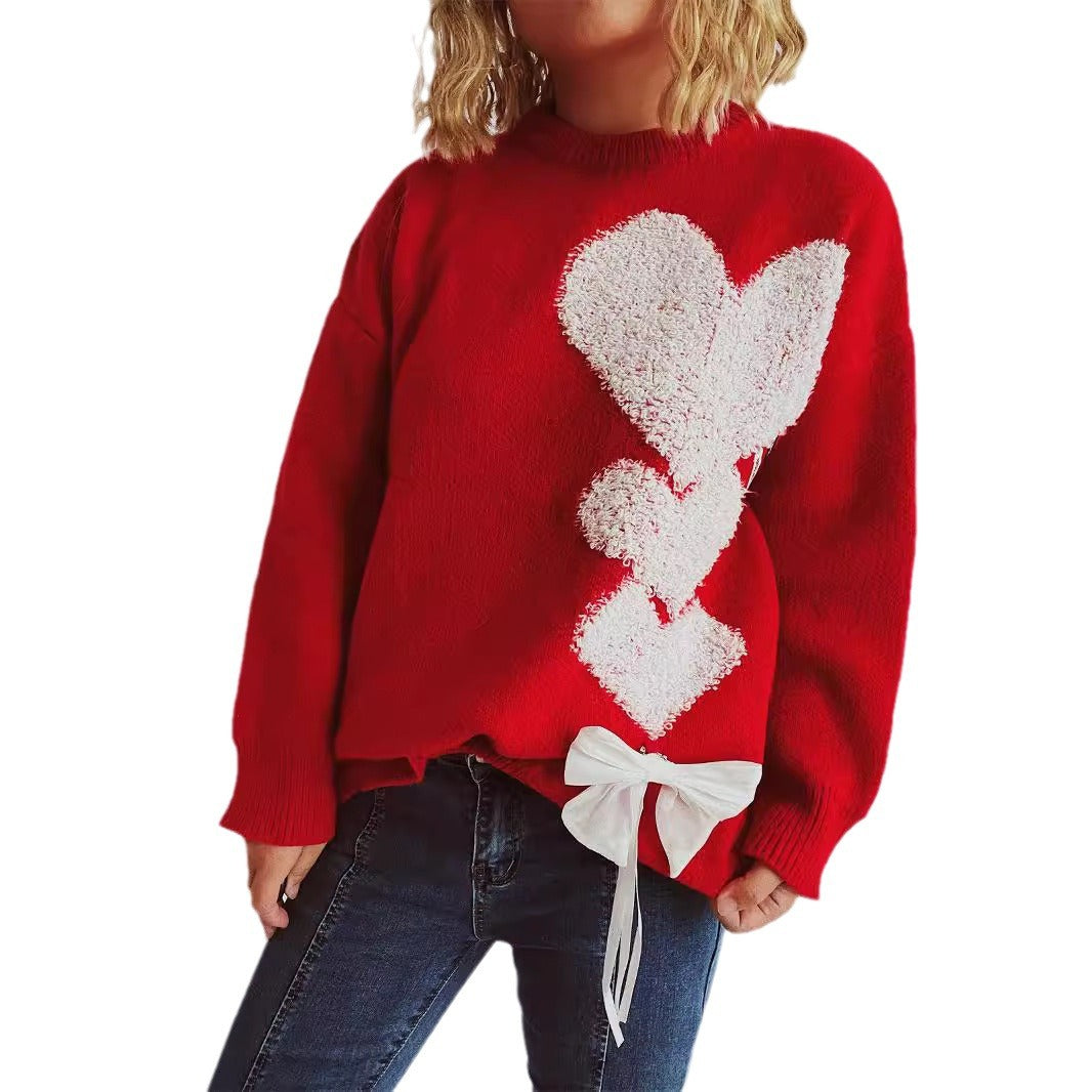 Damen Strickpullover Herzdesign mit Schleife