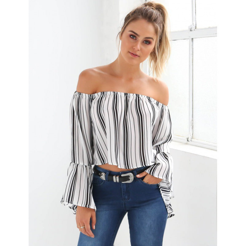 Damen Off-Shoulder Bluse Voluminöse Ärmel Gestreift