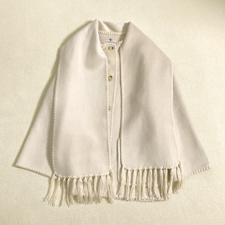 Damen Poncho aus Wolle Elegantes Design Beige