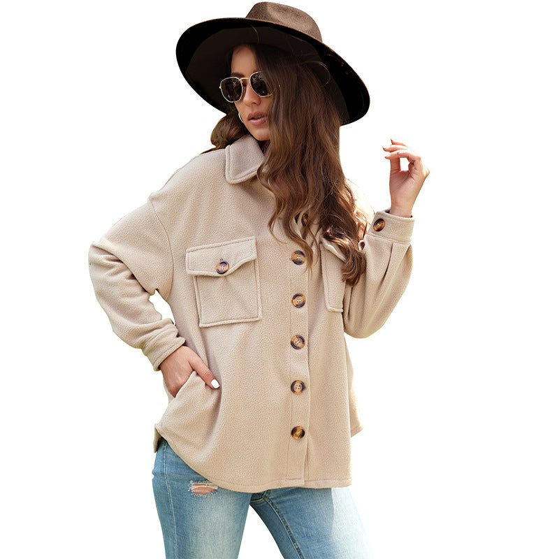 Damen Fleecejacke Dekorative Knöpfe Aufgesetzte Taschen Norvielle